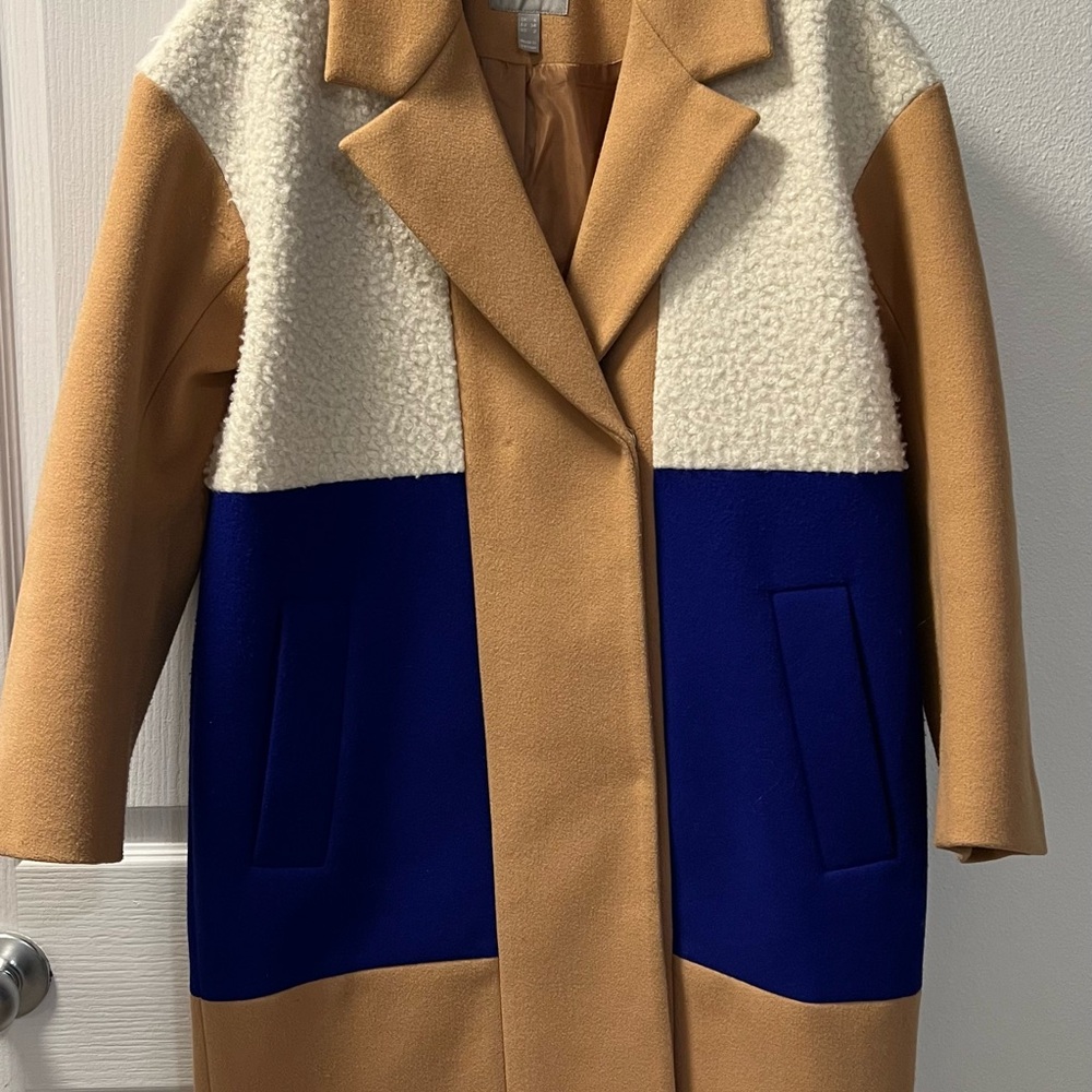 Colorblock Wool Blend Coat - Camel, Cream, and Navy